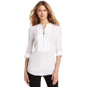 Michael Kors Long Sleeve 1/2 Zip Accordion Pleated Tuxedo Shirt Elevated Tunic